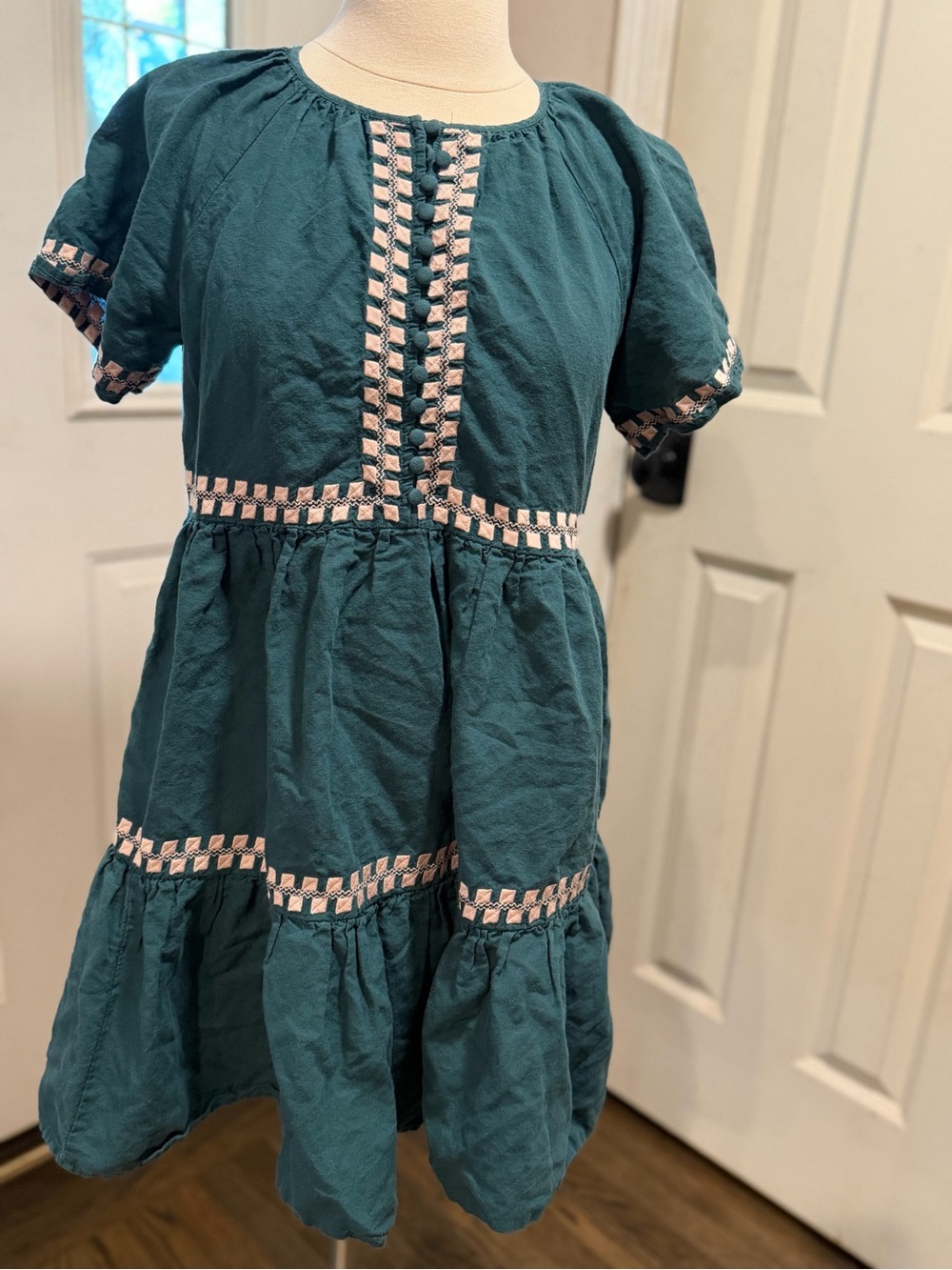 Madewell Teal Tiered Dress with Cream-Pink Trim